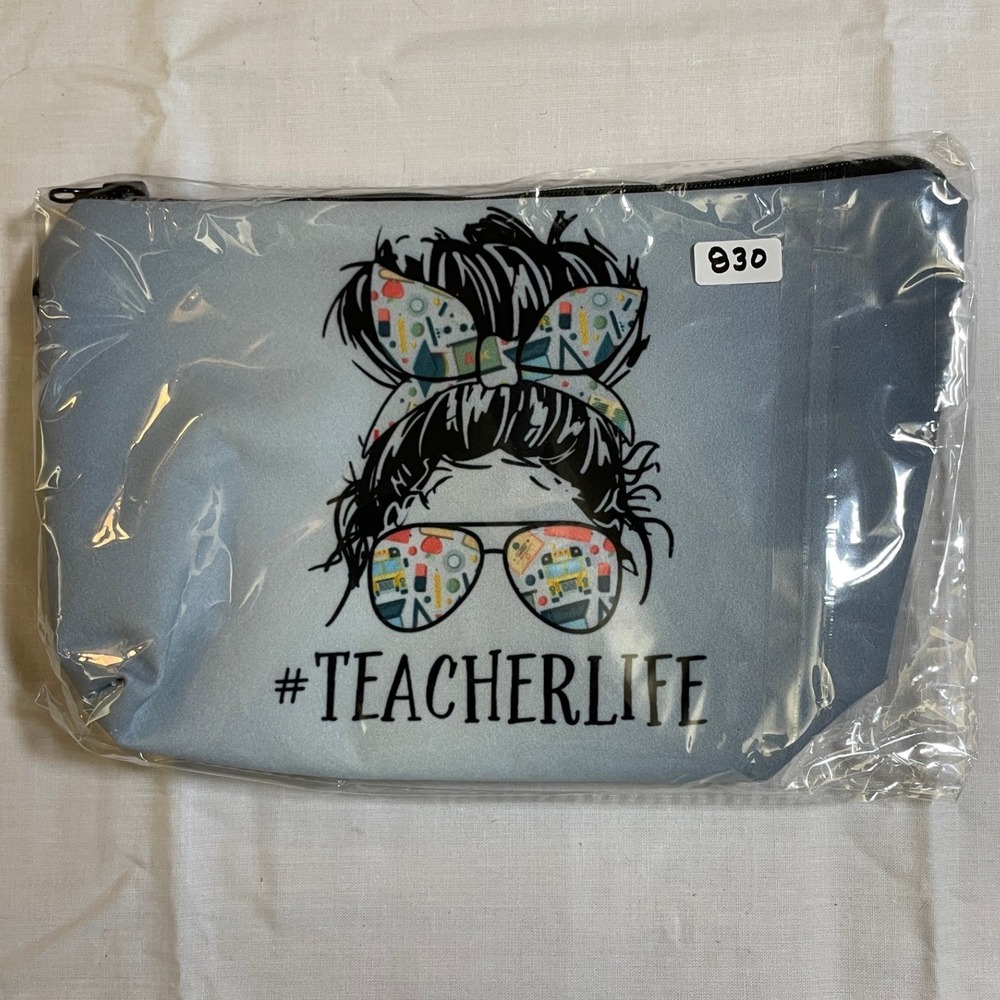 The Pouch Cosmetic Bag Women Small Blue NEW #TeacherLife Messy Bun Graphic